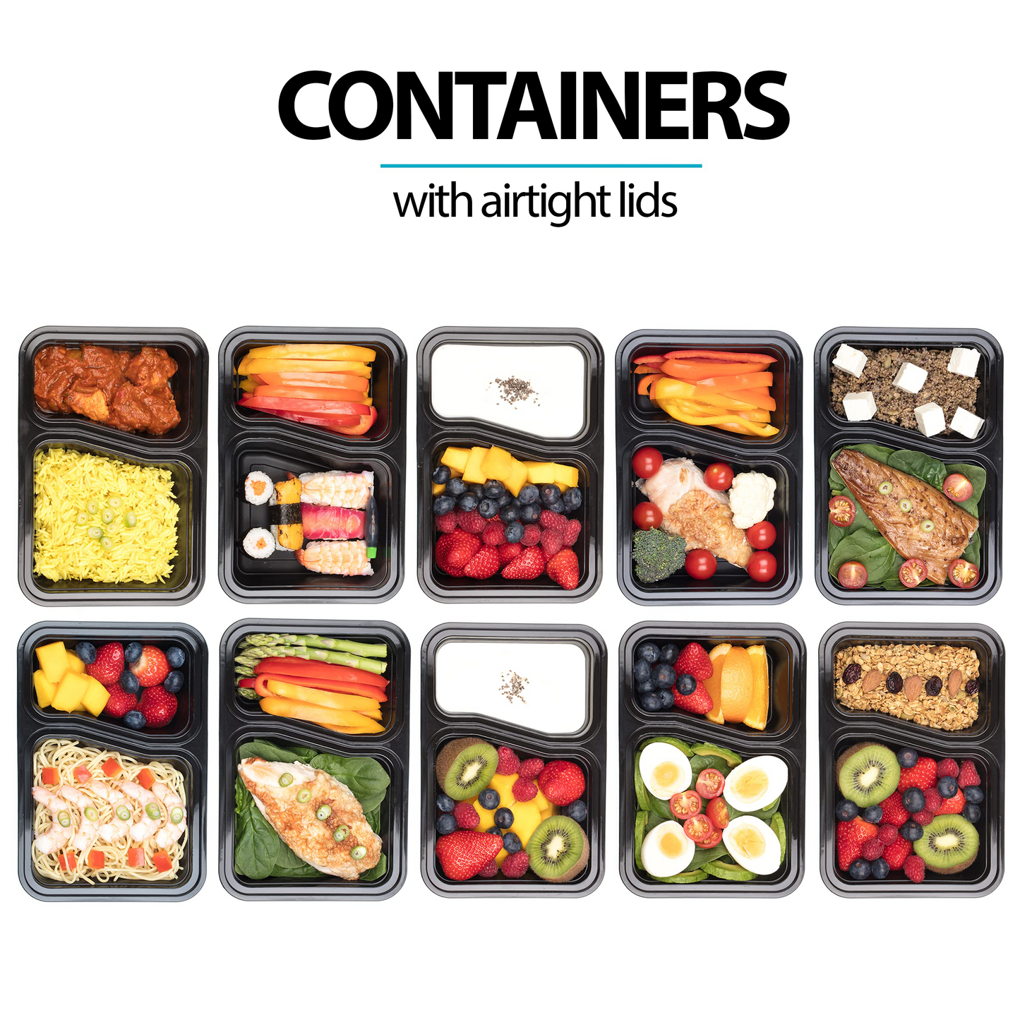 2-Compartment Reusable Containers with Airtight Lids - 887ml