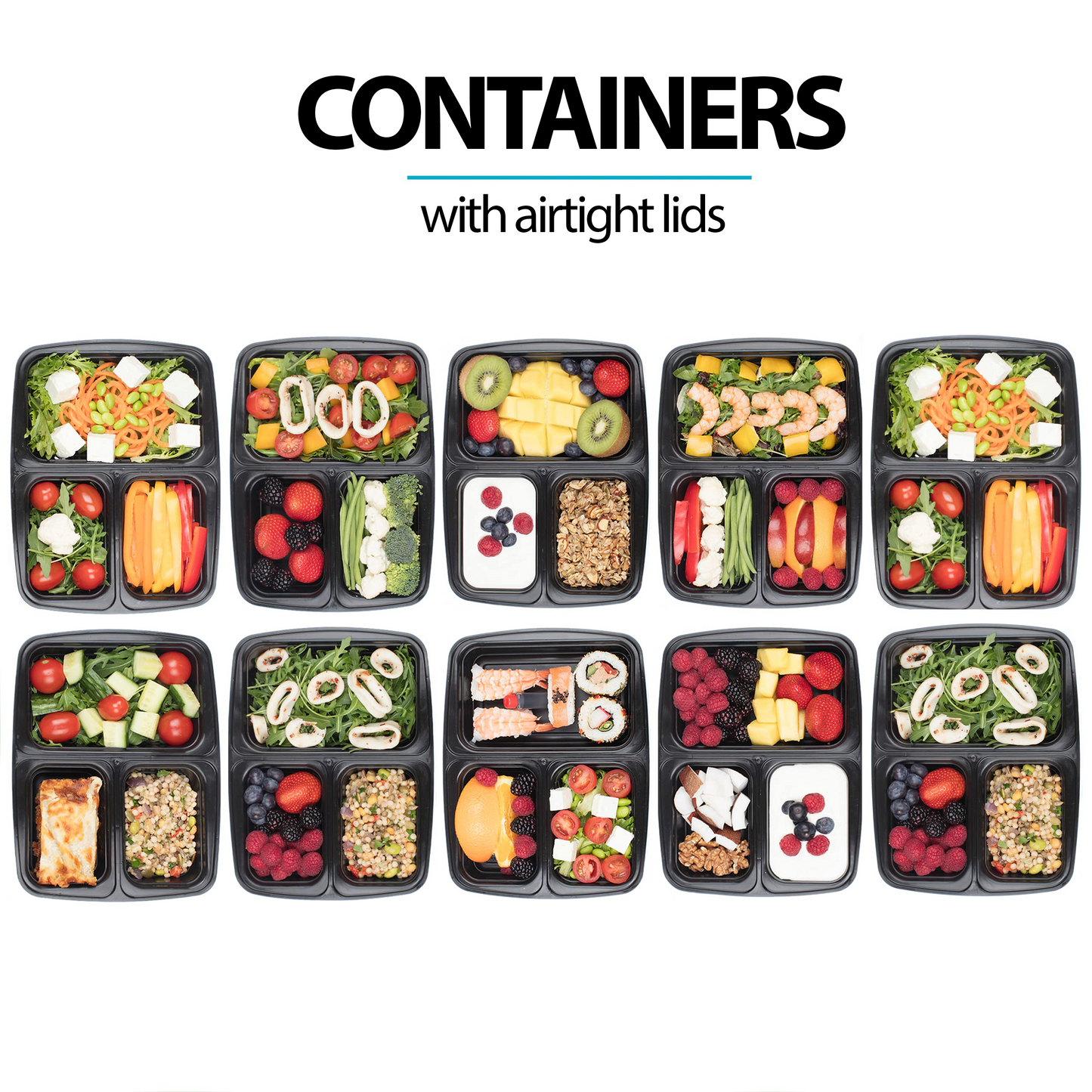 3-Compartment Reusable Containers with Airtight Lids - 946ml