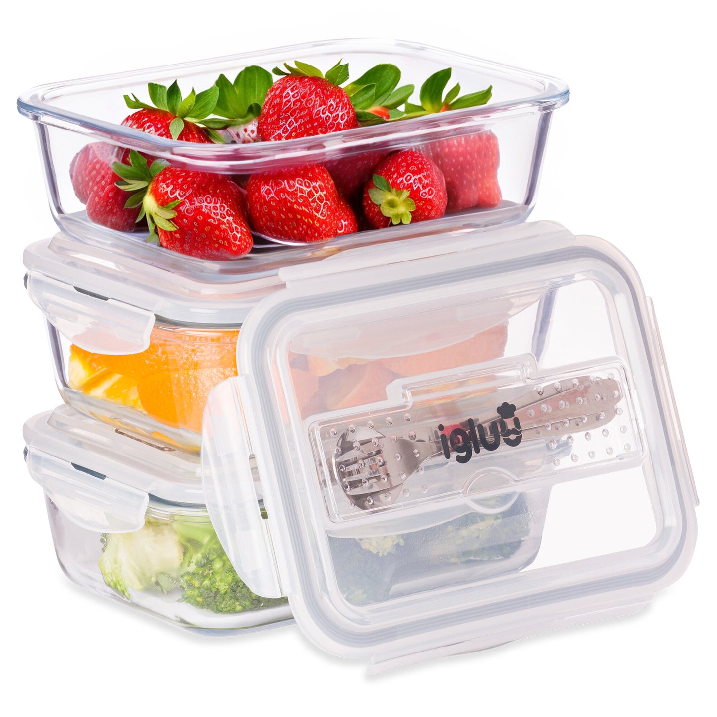 Glass Containers with Cutlery Lid Compartment -3 Pack