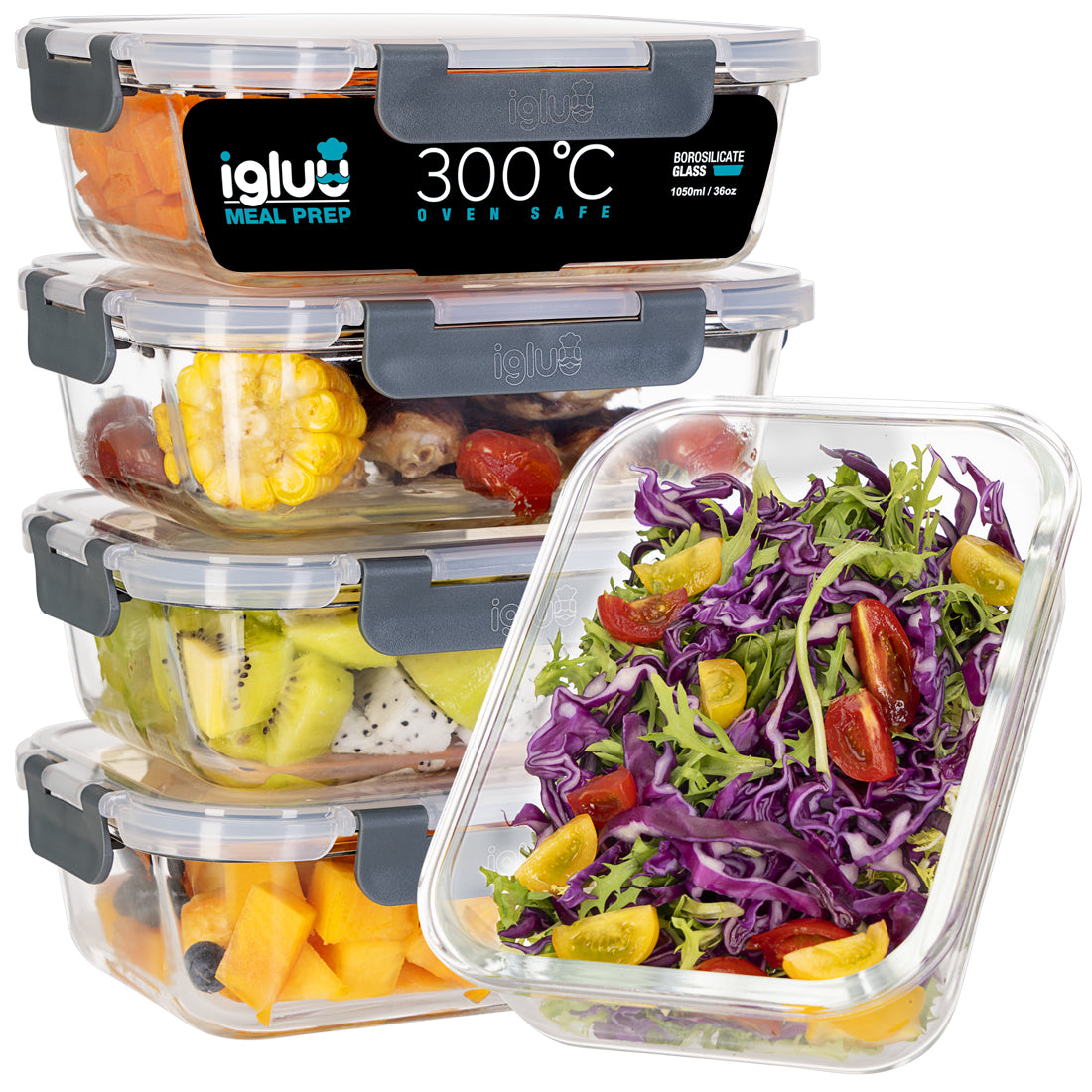 Glass Food Storage Containers with Airtight Lids - 1050ml - 5 PACK