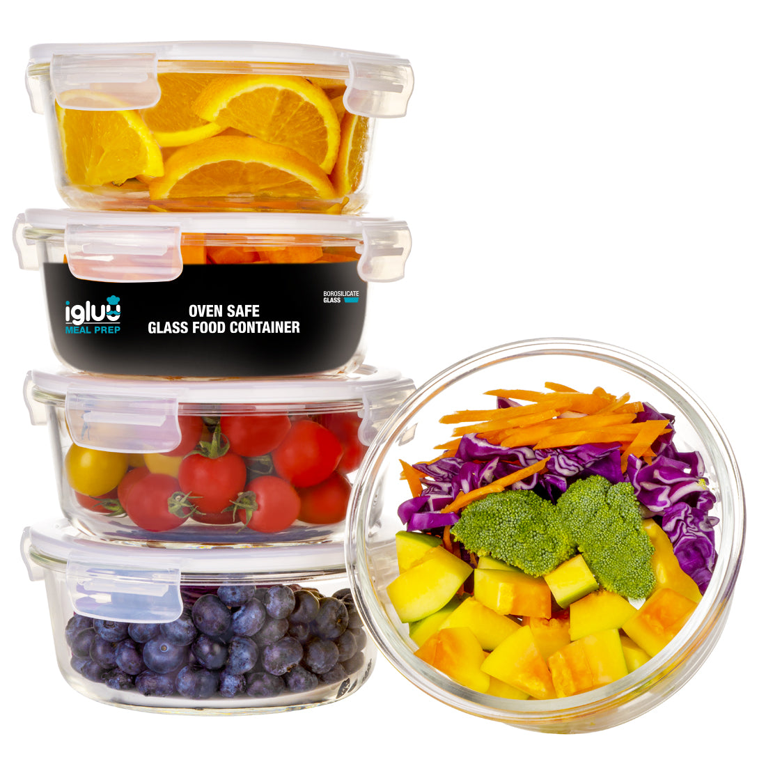 Round Glass Containers with Steam Vent Lid - 950ml - 5 PACK + 1 extra ...